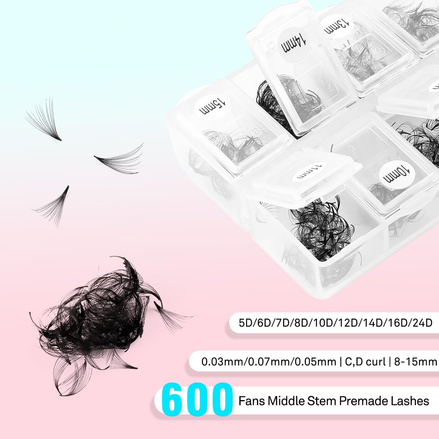 VAVALASH 600 Premade Lash Fans – Mixed Length 8-15mm, 5D-16D, 0.03-0.07mm, C/D Curl