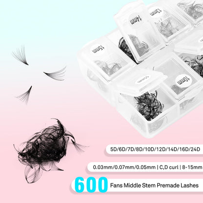 VAVALASH 600 Premade Lash Fans – Mixed Length 8-15mm, 5D-16D, 0.03-0.07mm, C/D Curl