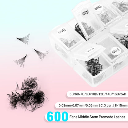 VAVALASH 600 Fans Premade Lash Fans – Premium Promade Loose Fans, Thin Base, Korean PBT