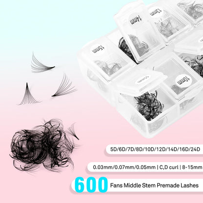 VAVALASH 600 Fans Premade Loose Fans for Volume Lash Extensions – Promade 5D-24D, 0.03, Thin Base, 8–15mm