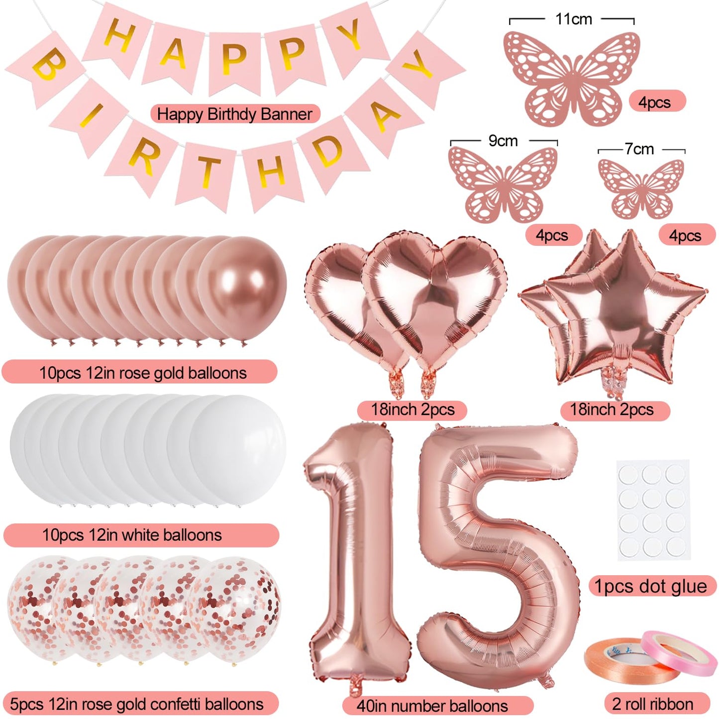 VBEOLLOV Rose Gold 15th Birthday Decorations for Girls – Banner, 40in 15 Balloon, Butterflies, Hearts & Stars