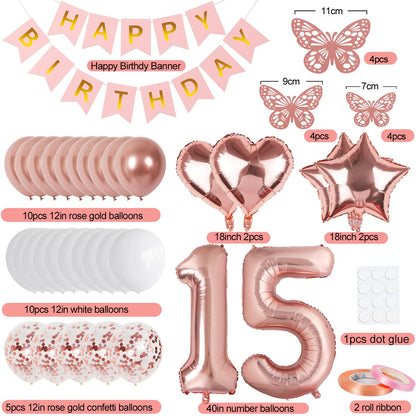 VBEOLLOV Rose Gold 15th Birthday Decorations for Girls – Banner, 40in 15 Balloon, Butterflies, Hearts & Stars