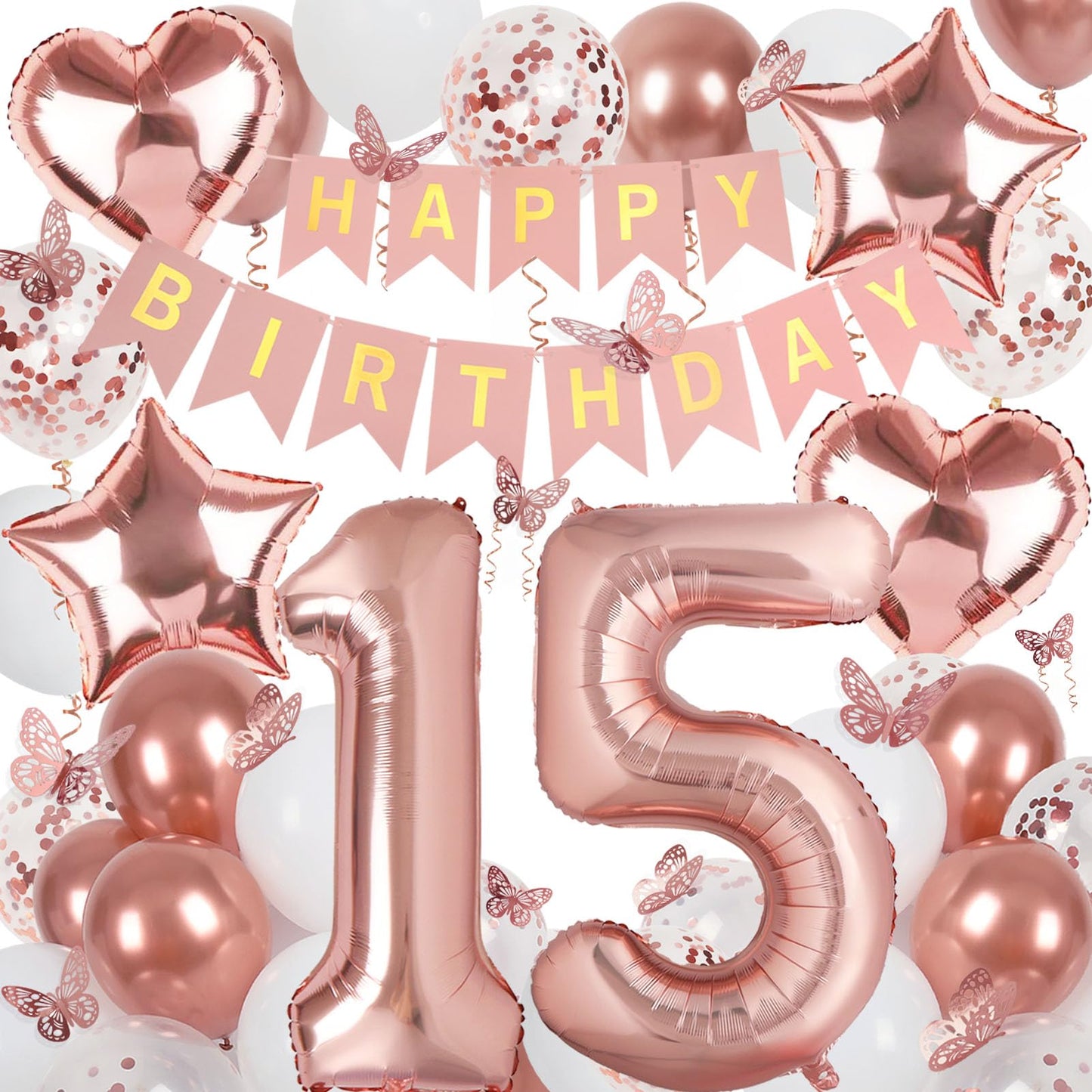 VBEOLLOV Rose Gold 15th Birthday Decorations for Girls – Banner, 40in 15 Balloon, Butterflies, Hearts & Stars