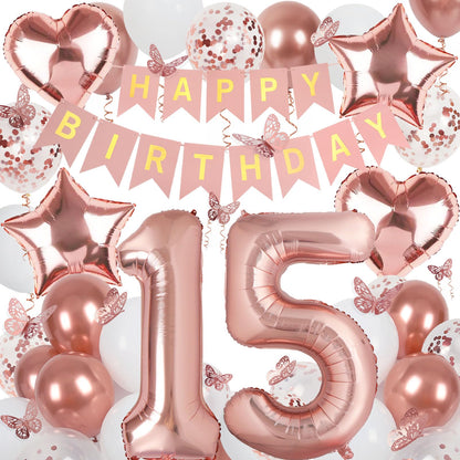 VBEOLLOV Rose Gold 15th Birthday Decorations for Girls – Banner, 40in 15 Balloon, Butterflies, Hearts & Stars