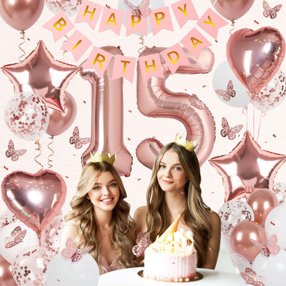 VBEOLLOV Rose Gold 15th Birthday Decorations for Girls – Banner, 40in 15 Balloon, Butterflies, Hearts & Stars