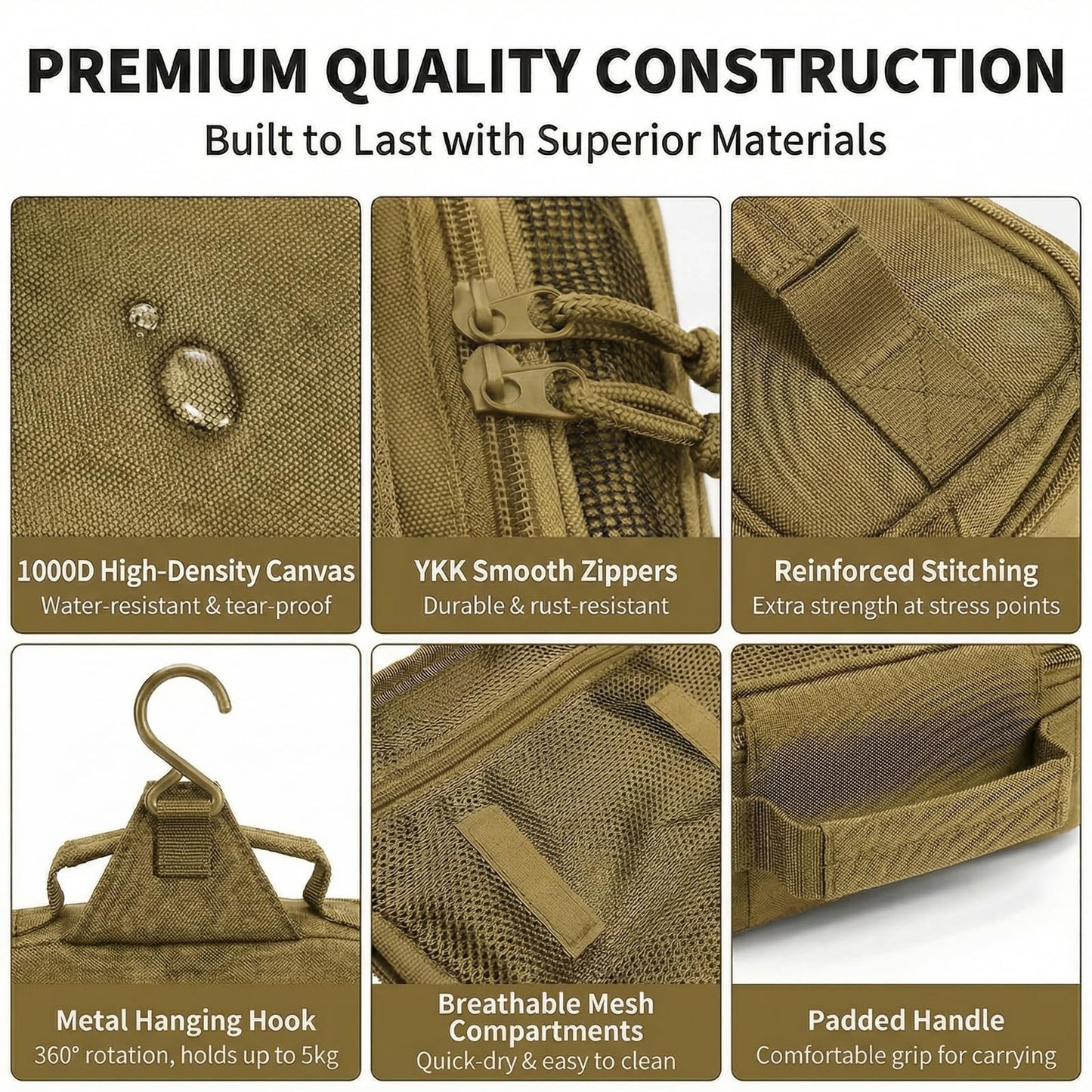 VELVEBAG Hanging Toiletry Bag for Men | Waterproof Travel Shaving Bag with Hook | Khaki