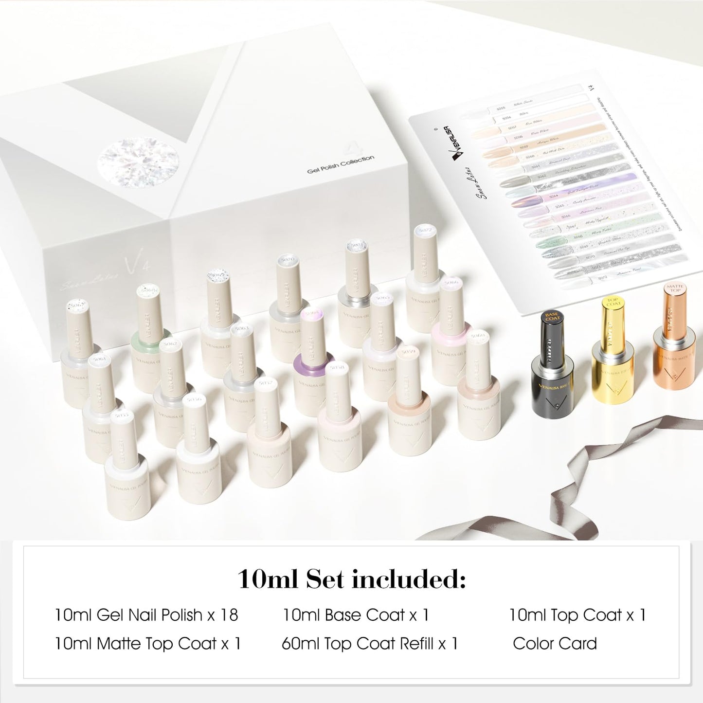 V VENALISA V4 Gel Nail Polish Set – 22 Pieces, 18 Colors + Color Card, Cat Eye Milky White Glitter – DIY Salon at Home