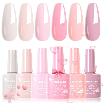 V VENALISA Hema-Free Pink Gel Nail Polish Set – 6 Nude Pink Colors, Soak-Off Gel Kit, LED Lamp for At-Home Manicure
