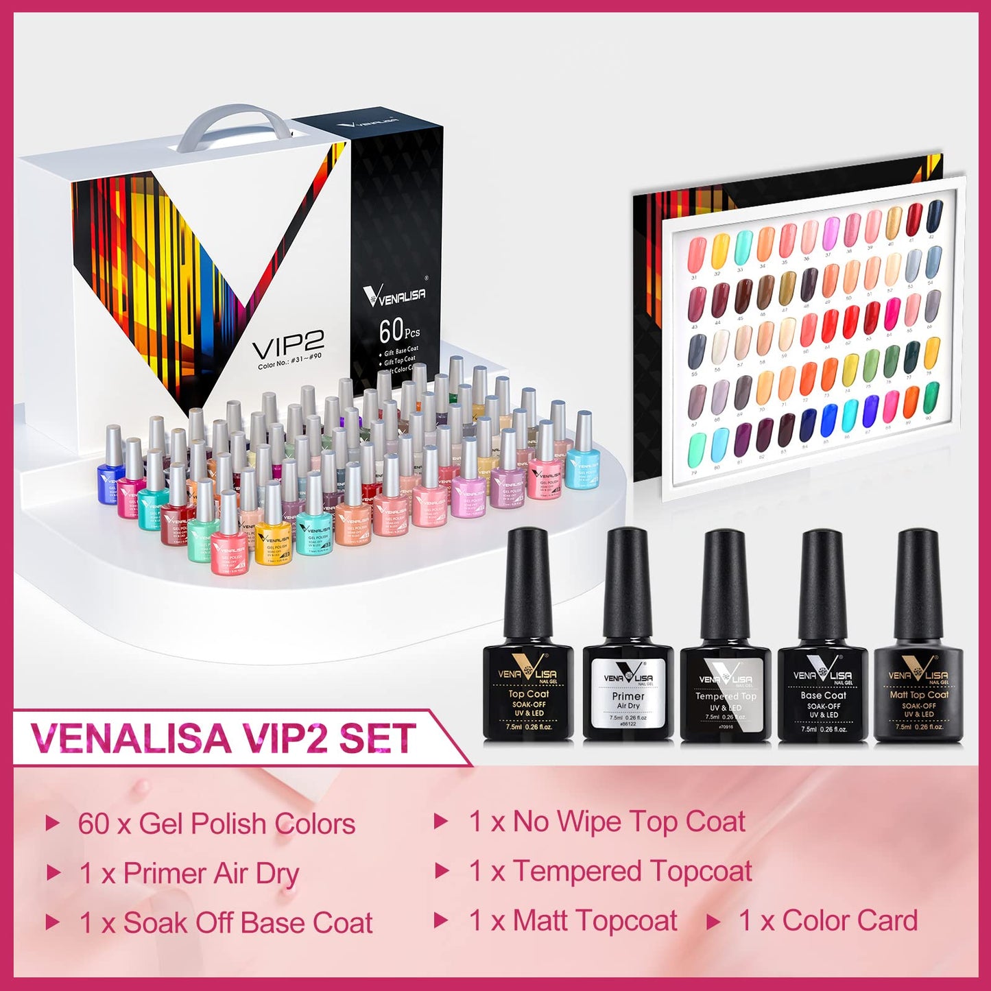 VENALISA VIP2 Gel Nail Polish Set: 60 Colors (7.5ml) + Base, Top, Matte & Color Card