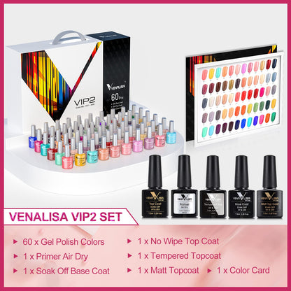 VENALISA VIP2 Gel Nail Polish Set: 60 Colors (7.5ml) + Base, Top, Matte & Color Card