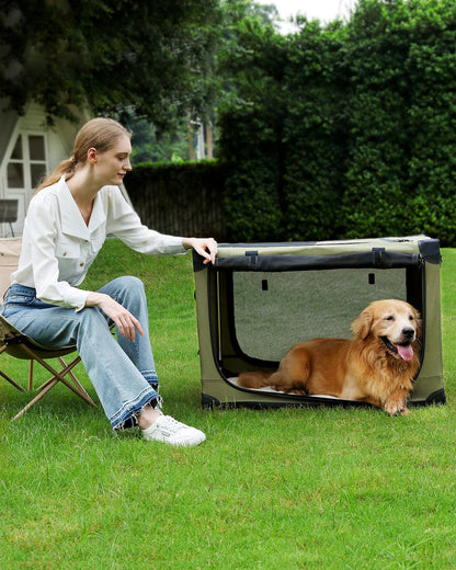 Veraste 33-Inch Collapsible Travel Dog Crate for Medium-Large Dogs | Portable 4-Door Soft Kennel with Mesh Windows