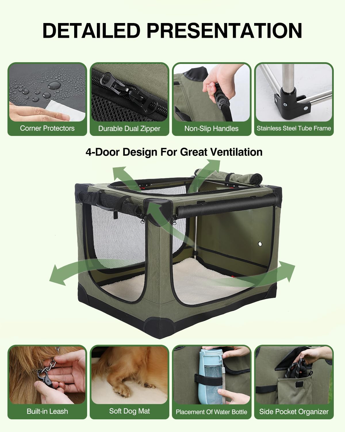 Veraste 33-Inch Collapsible Travel Dog Crate for Medium-Large Dogs | Portable 4-Door Soft Kennel with Mesh Windows