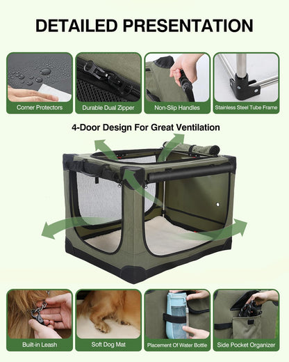Veraste 33-Inch Collapsible Travel Dog Crate for Medium-Large Dogs | Portable 4-Door Soft Kennel with Mesh Windows