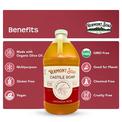 Vermont Castile Soap Patchouli Rose | Gentle Liquid Soap for Sensitive Skin, Body Wash & Oily Hair – 64 oz