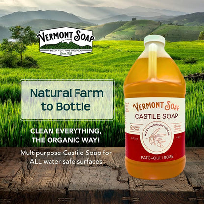 Vermont Castile Soap Patchouli Rose | Gentle Liquid Soap for Sensitive Skin, Body Wash & Oily Hair – 64 oz
