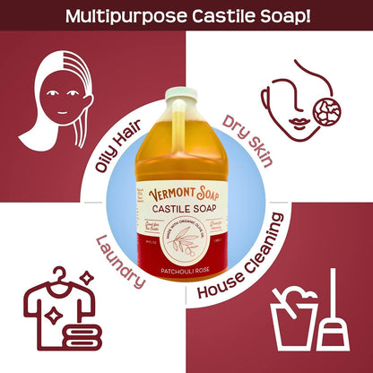 Vermont Castile Soap Patchouli Rose | Gentle Liquid Soap for Sensitive Skin, Body Wash & Oily Hair – 64 oz