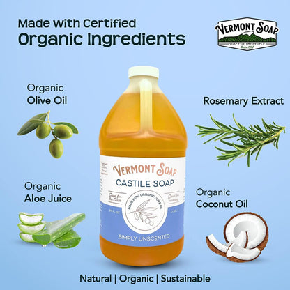 Vermont Castile Soap Unscented – Gentle Organic Liquid Soap for Skin, Hair & Home (64 oz)