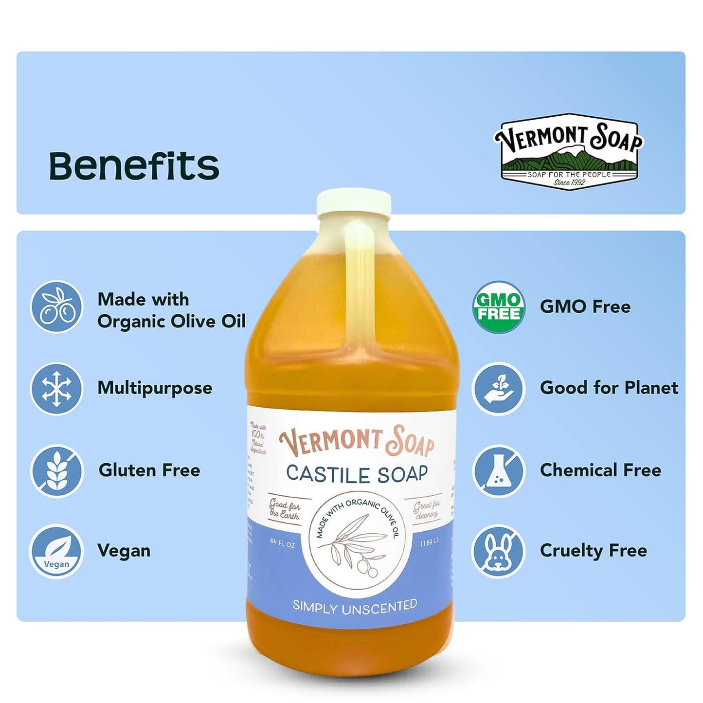Vermont Castile Soap Unscented – Gentle Organic Liquid Soap for Skin, Hair & Home (64 oz)