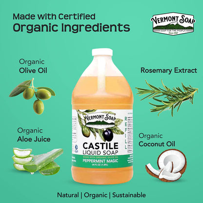 Vermont Soap Vermont Castile Peppermint - Gentle Liquid Soap for Sensitive Skin, Organic Hair Shampoo for Oily Hair, 64 oz