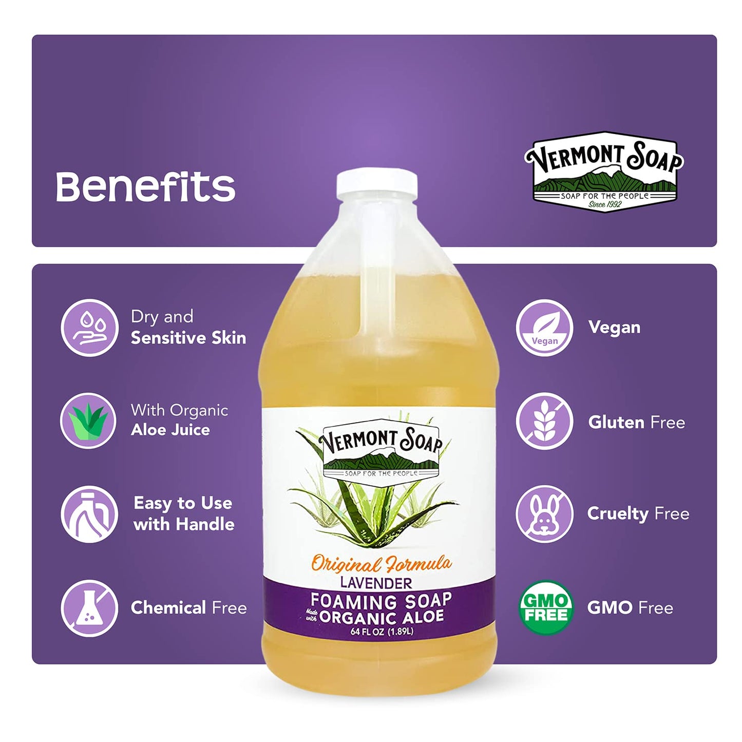 VERMONT SOAP Organic Lavender Foaming Hand Soap – Fragrance-Free, Moisturizing 64 oz