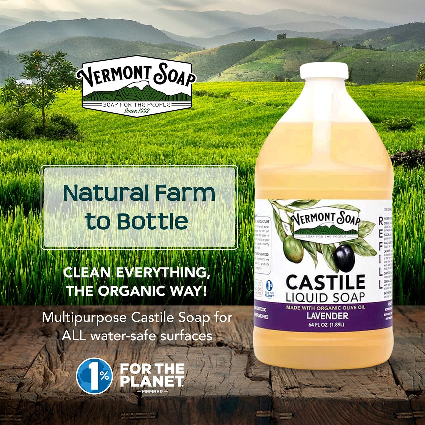 Vermont Soap Lavender Castile Soap – Gentle Organic Liquid Soap for Sensitive Skin & Hair | 64 oz
