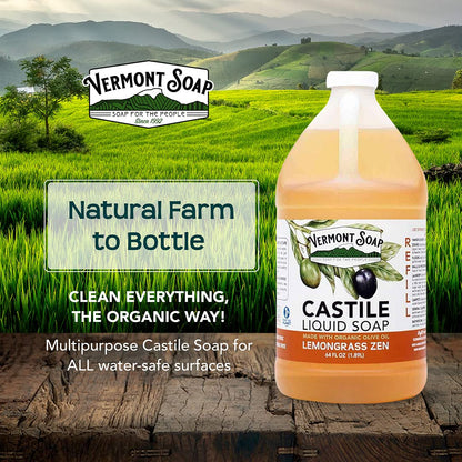 Vermont Castile Lemongrass Zen Soap – Gentle Liquid Soap for Sensitive Skin, Body Wash & Oily Hair Shampoo (64 oz)