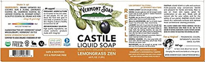 Vermont Castile Lemongrass Zen Soap – Gentle Liquid Soap for Sensitive Skin, Body Wash & Oily Hair Shampoo (64 oz)