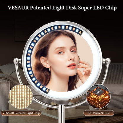 VESAUR 2026 Upgraded 9-Inch Lighted Makeup Mirror | 10X/20X HD Magnification, 3-Color LED, 5000mAh