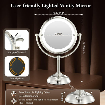 VESAUR 2026 Upgraded 9-Inch Lighted Makeup Mirror | 10X/20X HD Magnification, 3-Color LED, 5000mAh