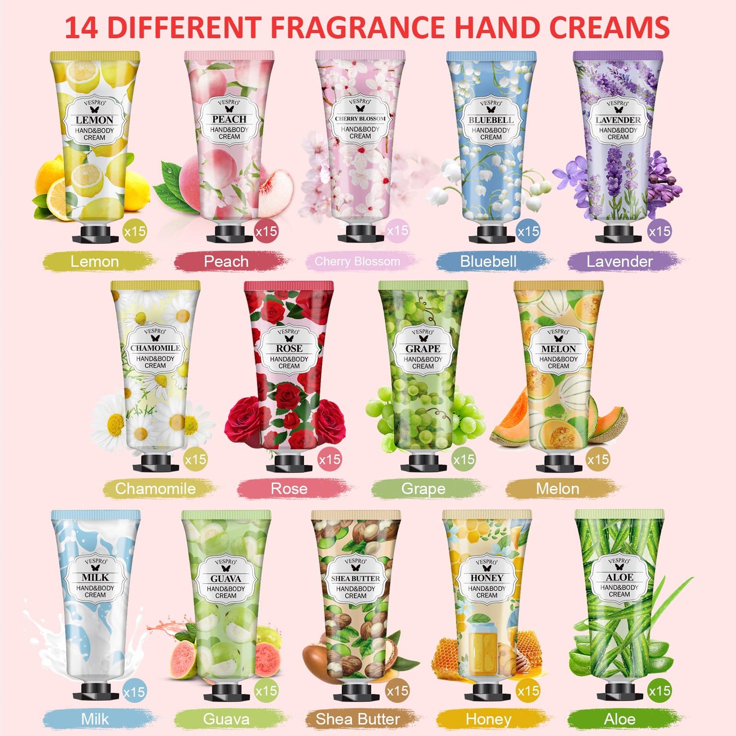 VESPRO 210 Pack Moisturizing Hand Cream Gift Set – 14 Scents, Travel-Size, Bulk Gifts