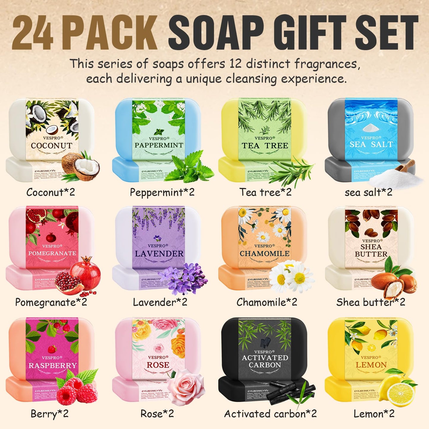 VESPRO 24-Pack Natural Bar Soap Gift Set – Olive Oil Moisturizing Soap, Travel Size