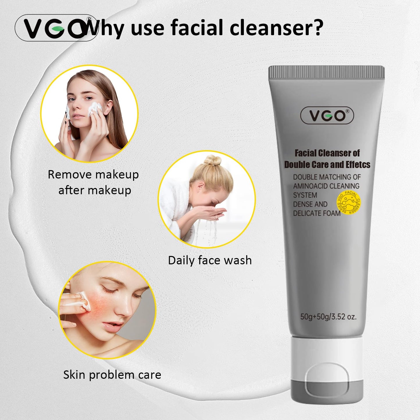 VGO Facial Cleanser – Dual-Tube 3-in-1 Cleanser with Amino Acids & Mud, 3.52 oz