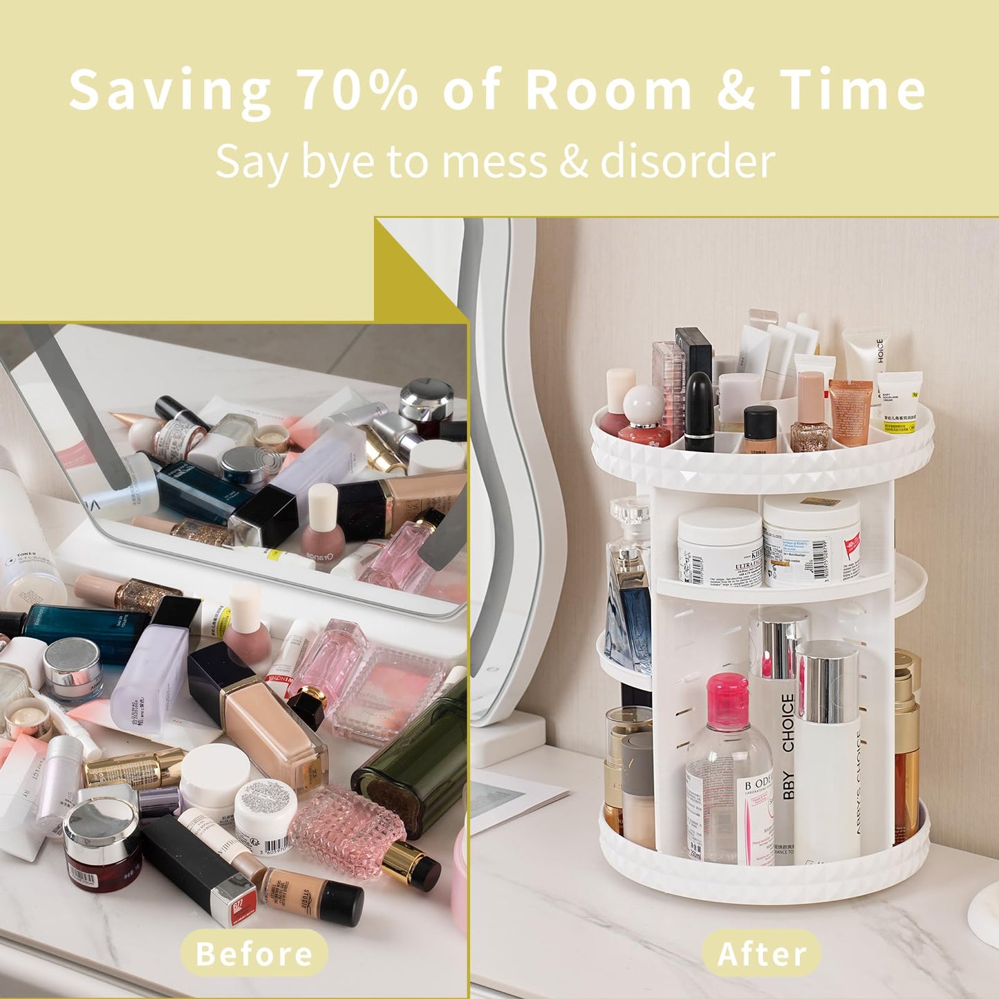 V-HANVER 360° Rotating Makeup Organizer | Large-Capacity Acrylic Vanity Storage