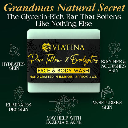 Viatina 100% Grass-Fed Beef Tallow Soap Bar – Eucalyptus, Handmade in USA, 3-Pack