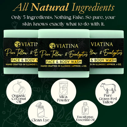 Viatina 100% Grass-Fed Beef Tallow Soap Bar – Eucalyptus, Handmade in USA, 3-Pack