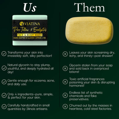 Viatina 100% Grass-Fed Beef Tallow Soap Bar – Eucalyptus, Handmade in USA, 3-Pack