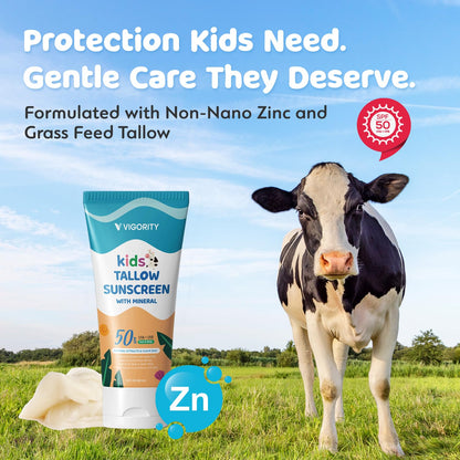 Vigority Beef Tallow Sunscreen for Kids SPF 50 – Mineral Zinc Oxide Sunblock, Tear-Free & Water-Resistant