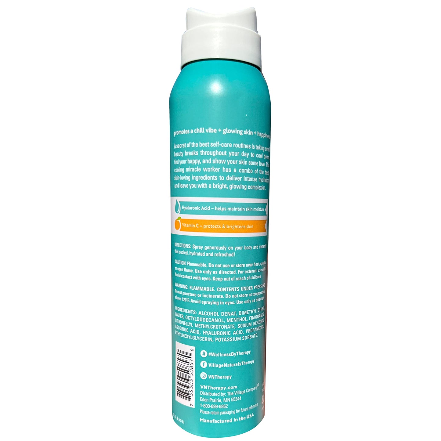 Village Naturals Therapy Wellness Hydrate & Cool Body Spray - Vitamin C, Menthol & Hyaluronic Acid - Full Body Cooling Mist (Pack of 3 Cans, 4 oz Each)