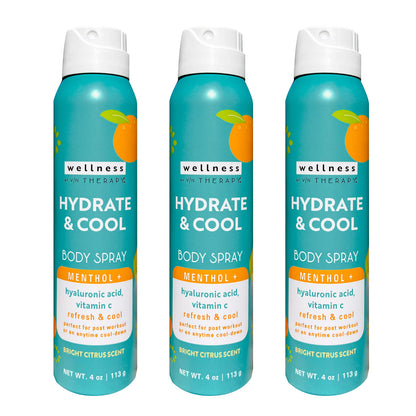 Village Naturals Therapy Wellness Hydrate & Cool Body Spray - Vitamin C, Menthol & Hyaluronic Acid - Full Body Cooling Mist (Pack of 3 Cans, 4 oz Each)