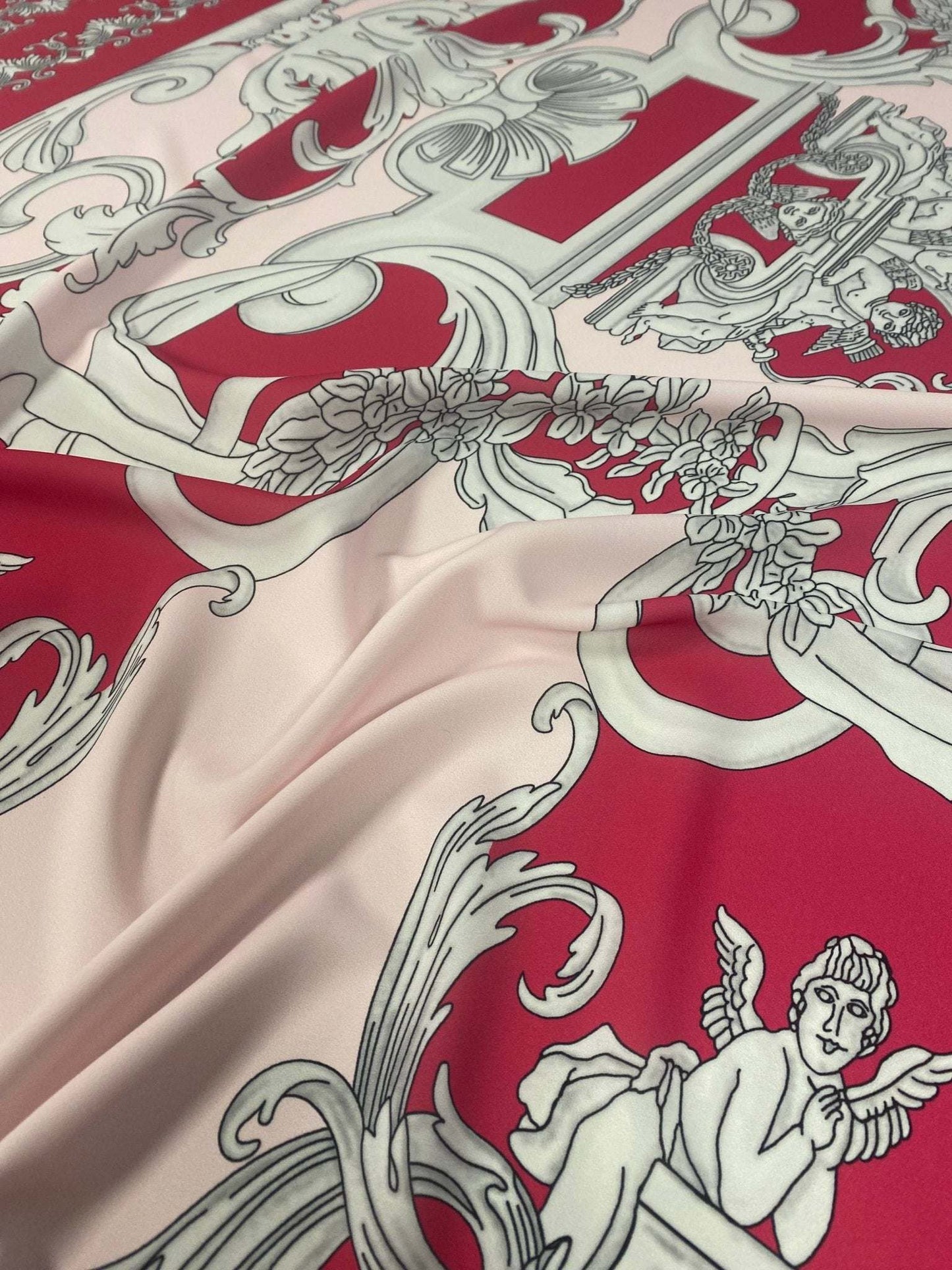 Vintage Baroque Cherub Pattern Fabric in Pink by Metre