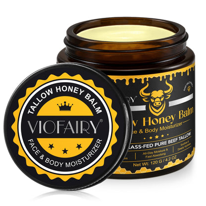 VIOFAIRY Beef Tallow Balm with Raw Honey – Grass-Fed Tallow & Wild Honey, Organic Face & Body Moisturizer, 4.2 oz