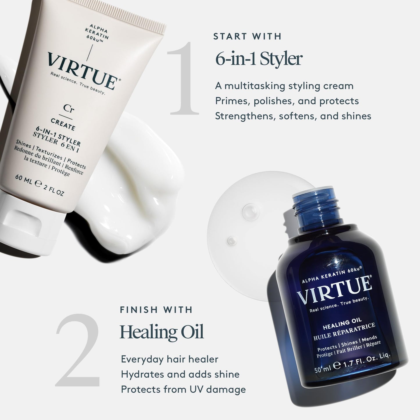 VIRTUE Healing Hair Oil & 6-in-1 Styling Cream Bundle – Repair, Protect, Style for All Hair Types