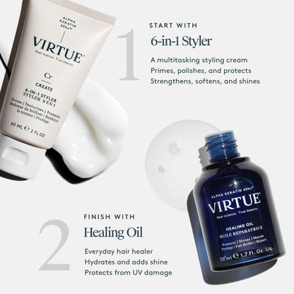 VIRTUE Healing Hair Oil & 6-in-1 Styling Cream Bundle – Repair, Protect, Style for All Hair Types