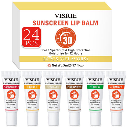VISRIE SPF 30 Lip Sunscreen – 24 Pack Lip Balm with Vitamin E & Shea Butter, Clear