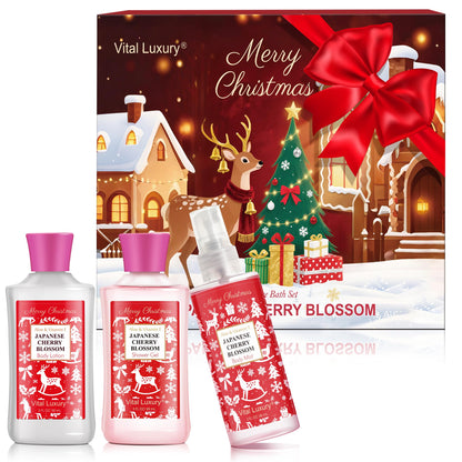 Vital Luxury Christmas Bath & Body Gift Set – Japanese Cherry Blossom Spa Kit (Gel, Lotion, Mist)