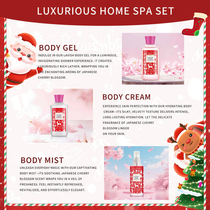 Vital Luxury Christmas Bath & Body Gift Set – Japanese Cherry Blossom Spa Kit (Gel, Lotion, Mist)