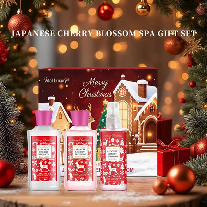 Vital Luxury Christmas Bath & Body Gift Set – Japanese Cherry Blossom Spa Kit (Gel, Lotion, Mist)