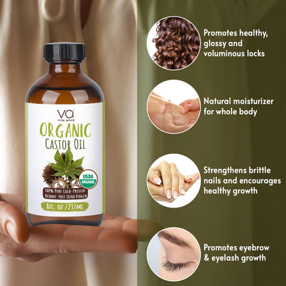 VITAL AFFAIR Castor Oil – Organic Cold-Pressed, Glass Bottle, 8 oz for Hair, Skin, Lashes & Nails
