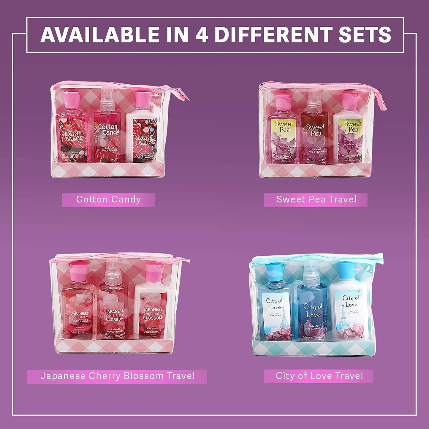 Vital Luxury Bath & Body Gift Set – Cotton Candy Scent, 3-Piece Travel Size (3 oz Each)