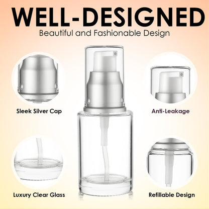 VitalUp 1 Oz 30ml Refillable Glass Lotion Pump Bottle with Silver Cap – Pack of 3
